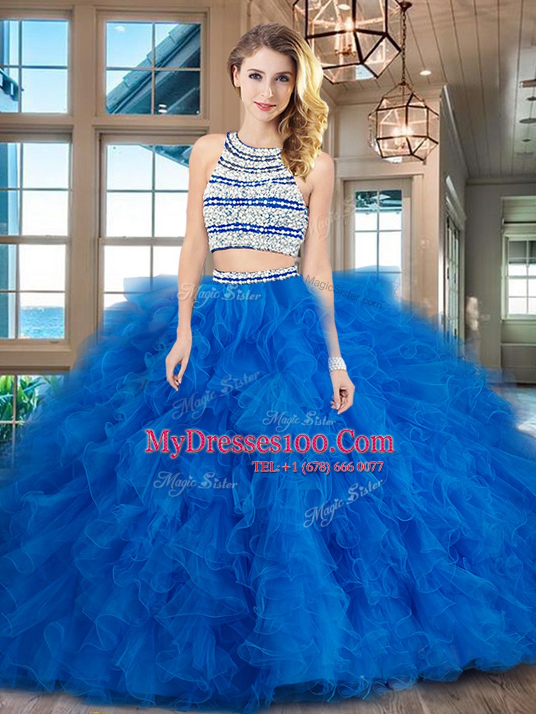 Scoop Blue Sleeveless Floor Length Beading and Ruffles Backless 15 Quinceanera Dress