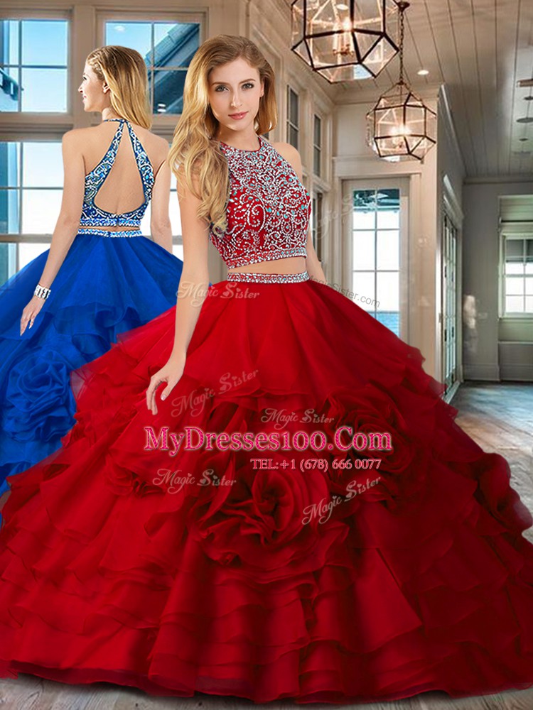 Red Two Pieces Organza Scoop Sleeveless Beading and Ruffles Floor Length Backless Quinceanera Dresses