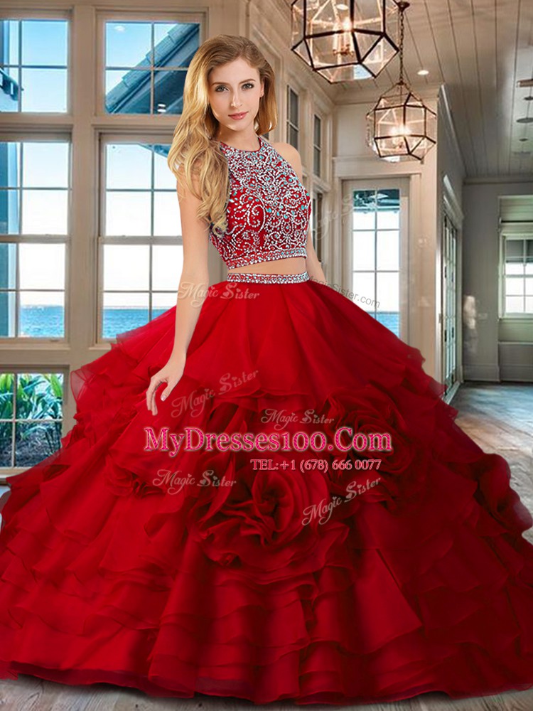 Red Two Pieces Organza Scoop Sleeveless Beading and Ruffles Floor Length Backless Quinceanera Dresses