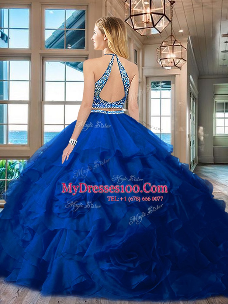 Red Two Pieces Organza Scoop Sleeveless Beading and Ruffles Floor Length Backless Quinceanera Dresses