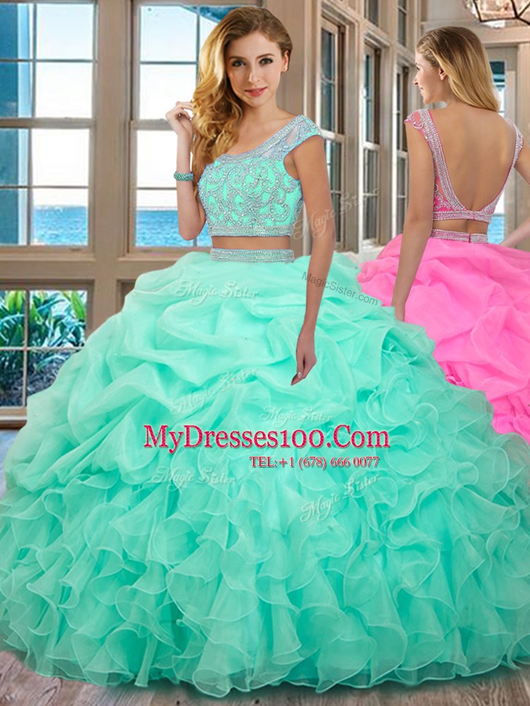 Inexpensive Scoop Apple Green Backless 15 Quinceanera Dress Beading and Ruffles Cap Sleeves Floor Length