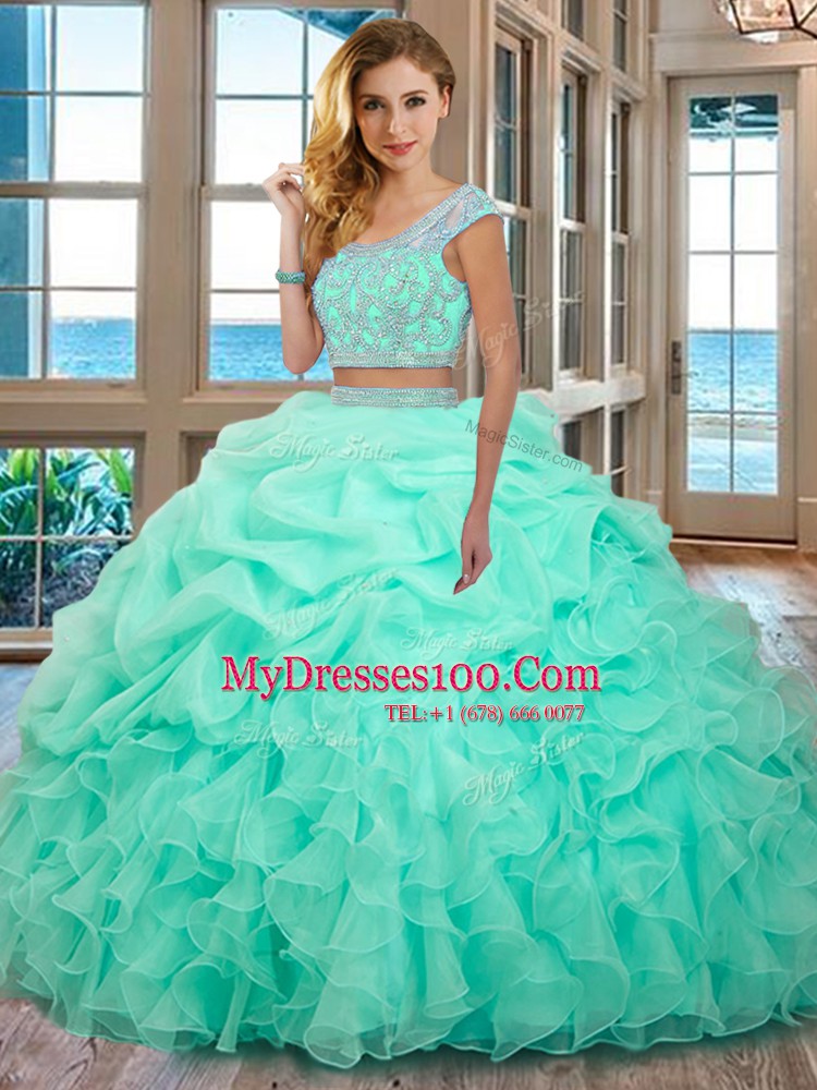 Inexpensive Scoop Apple Green Backless 15 Quinceanera Dress Beading and Ruffles Cap Sleeves Floor Length