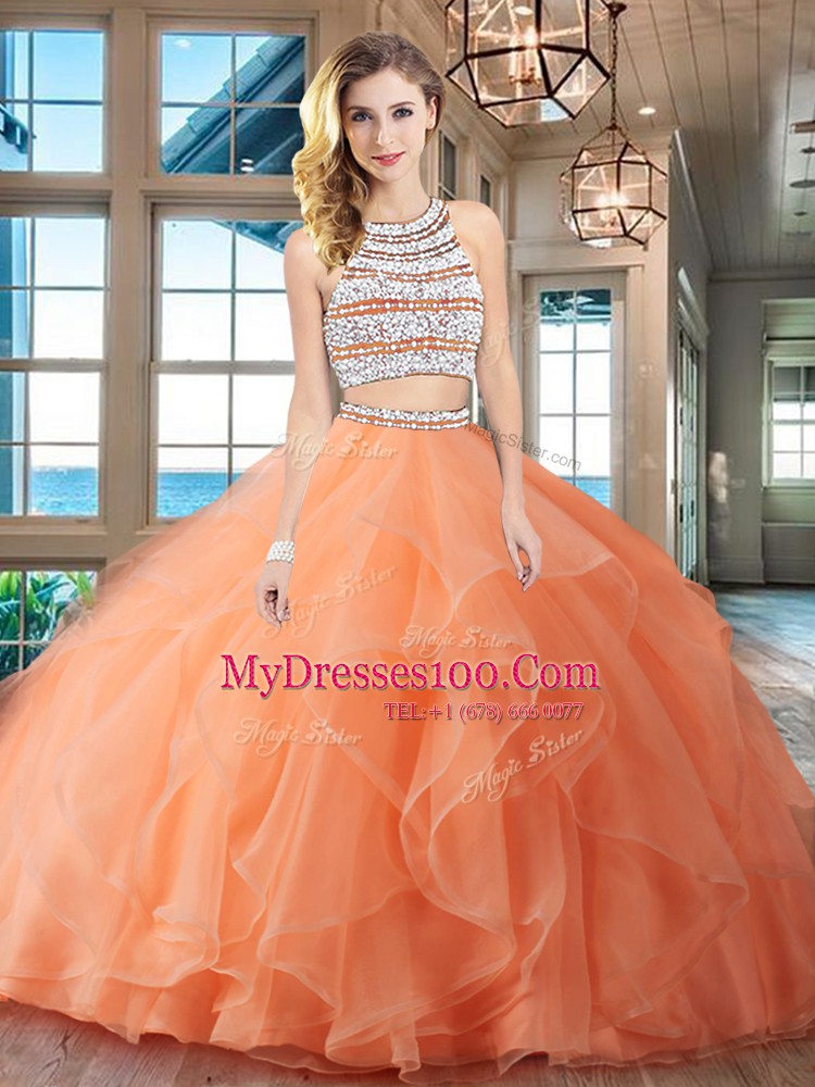 Orange Two Pieces Scoop Sleeveless Organza With Brush Train Backless Beading and Ruffles Ball Gown Prom Dress