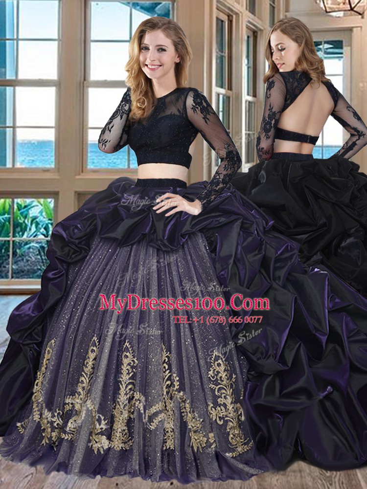 Scoop Backless Purple Long Sleeves Brush Train Embroidery and Pick Ups With Train Vestidos de Quinceanera