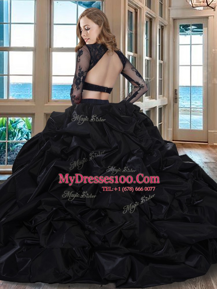 Scoop Backless Purple Long Sleeves Brush Train Embroidery and Pick Ups With Train Vestidos de Quinceanera