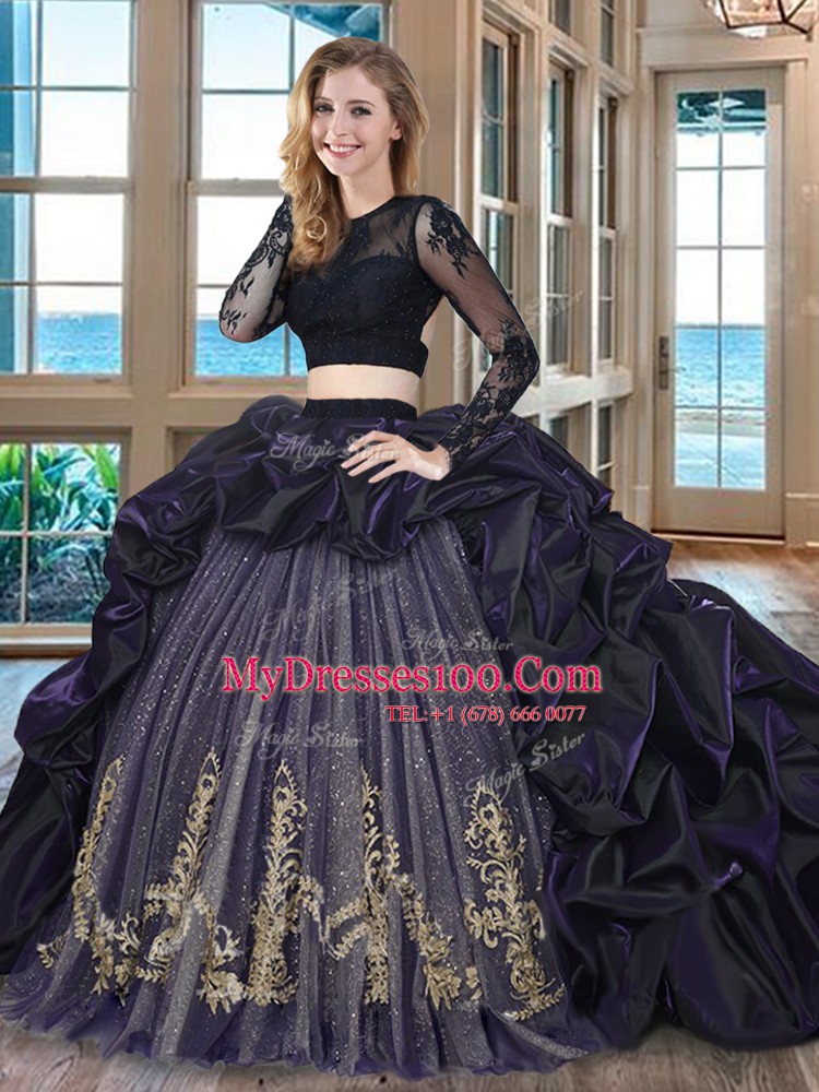 Scoop Backless Purple Long Sleeves Brush Train Embroidery and Pick Ups With Train Vestidos de Quinceanera
