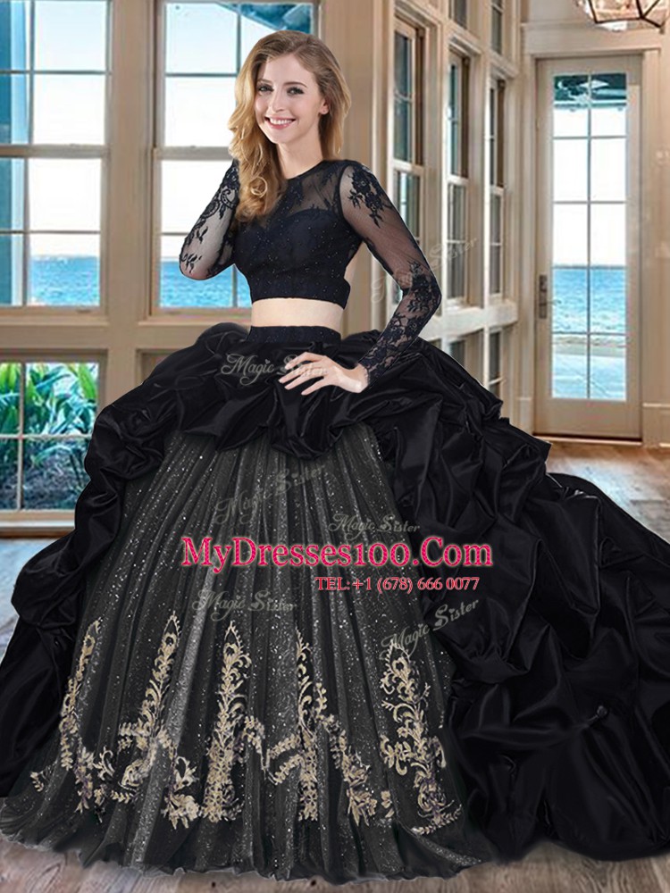 Scoop Backless Purple Long Sleeves Brush Train Embroidery and Pick Ups With Train Vestidos de Quinceanera