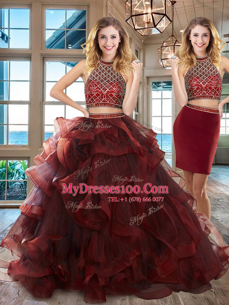 Gorgeous Burgundy Halter Top Backless Beading and Ruffles 15 Quinceanera Dress Brush Train Sleeveless