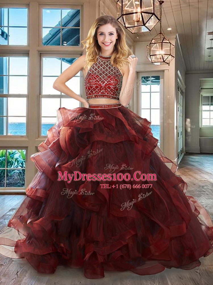 Gorgeous Burgundy Halter Top Backless Beading and Ruffles 15 Quinceanera Dress Brush Train Sleeveless