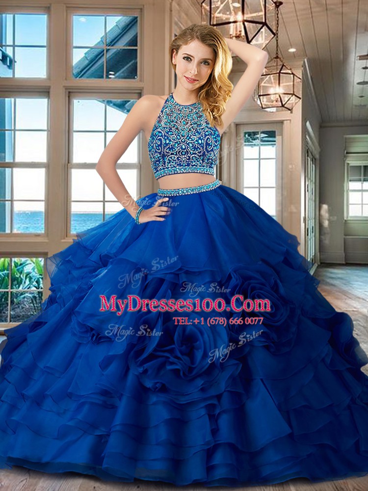 Royal Blue 15th Birthday Dress Military Ball and Sweet 16 and Quinceanera and For with Beading and Ruffles Scoop Sleeveless Backless
