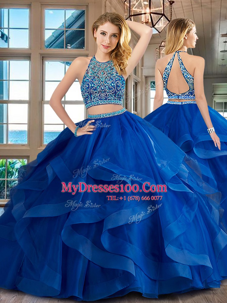 Popular Scoop Sleeveless Backless Ball Gown Prom Dress Royal Blue Tulle