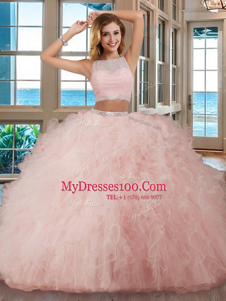 Extravagant Floor Length Pink Quinceanera Dress Scoop Sleeveless Backless