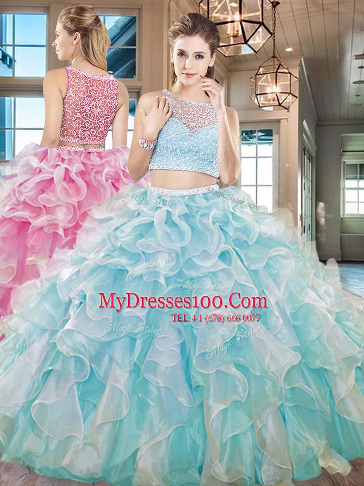 Clearance Aqua Blue Ball Gown Prom Dress Military Ball and Sweet 16 and Quinceanera and For with Beading and Ruffles Bateau Sleeveless Side Zipper