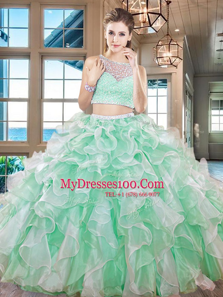 Clearance Aqua Blue Ball Gown Prom Dress Military Ball and Sweet 16 and Quinceanera and For with Beading and Ruffles Bateau Sleeveless Side Zipper