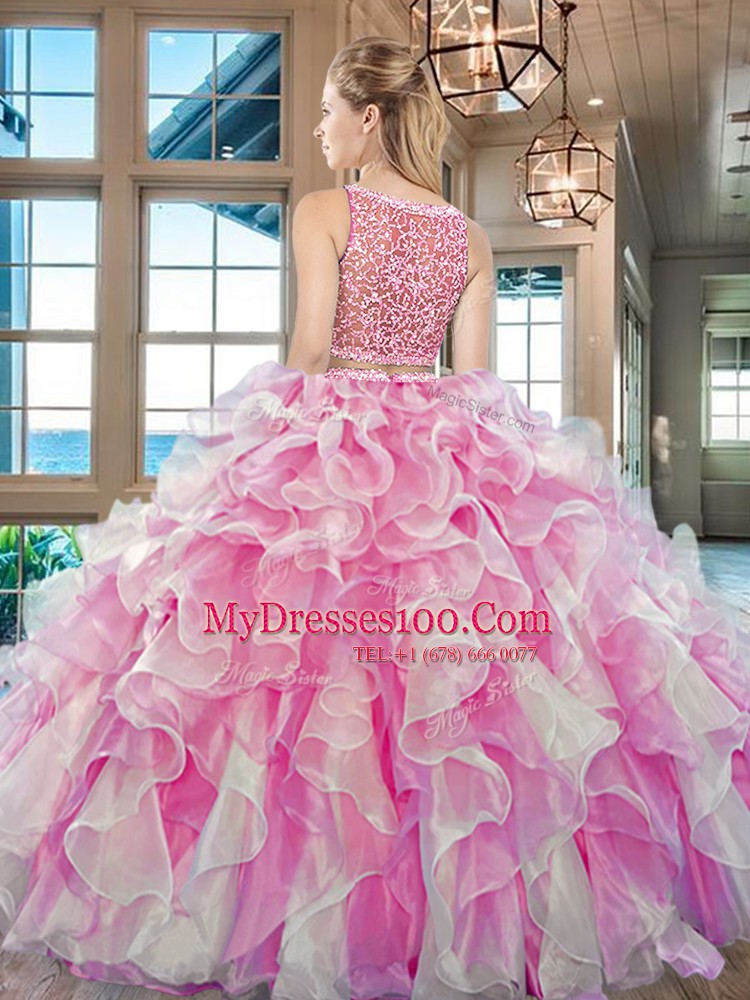 Clearance Aqua Blue Ball Gown Prom Dress Military Ball and Sweet 16 and Quinceanera and For with Beading and Ruffles Bateau Sleeveless Side Zipper