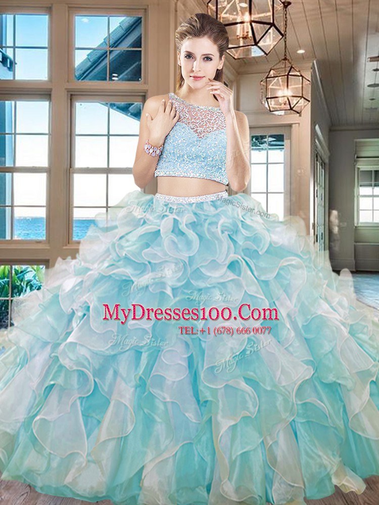 Clearance Aqua Blue Ball Gown Prom Dress Military Ball and Sweet 16 and Quinceanera and For with Beading and Ruffles Bateau Sleeveless Side Zipper