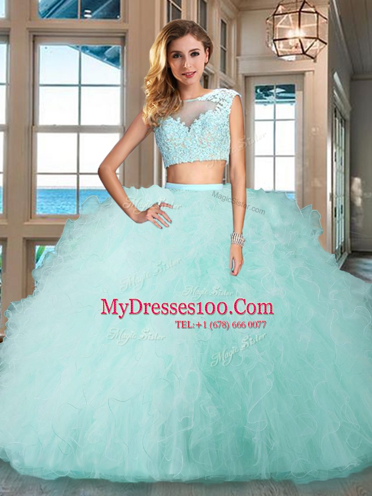 Perfect Floor Length Aqua Blue Sweet 16 Dress Bateau Cap Sleeves Zipper