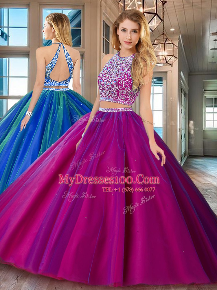 Lovely Scoop Floor Length Backless Quince Ball Gowns Fuchsia for Military Ball and Sweet 16 and Quinceanera with Beading