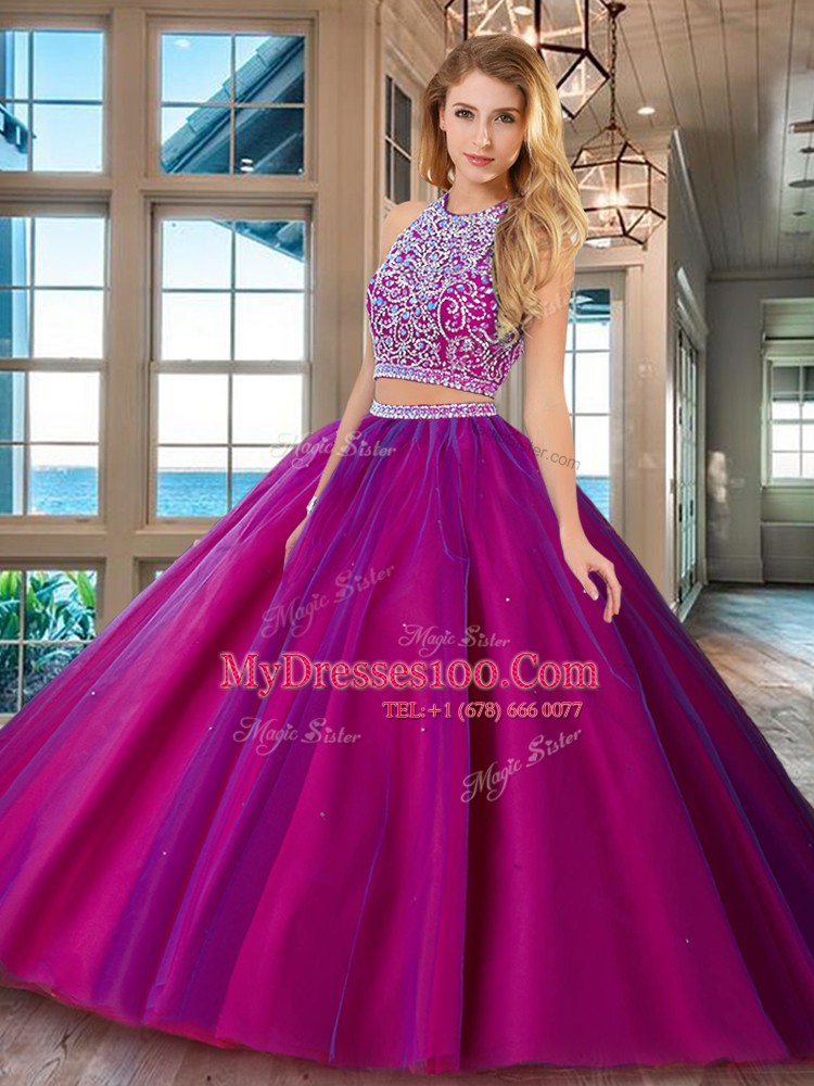 Lovely Scoop Floor Length Backless Quince Ball Gowns Fuchsia for Military Ball and Sweet 16 and Quinceanera with Beading