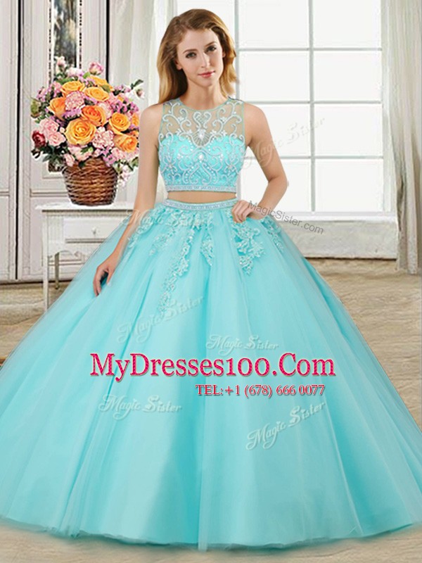 Fashionable Three Piece Scoop Floor Length Aqua Blue Ball Gown Prom Dress Tulle Sleeveless Beading and Appliques