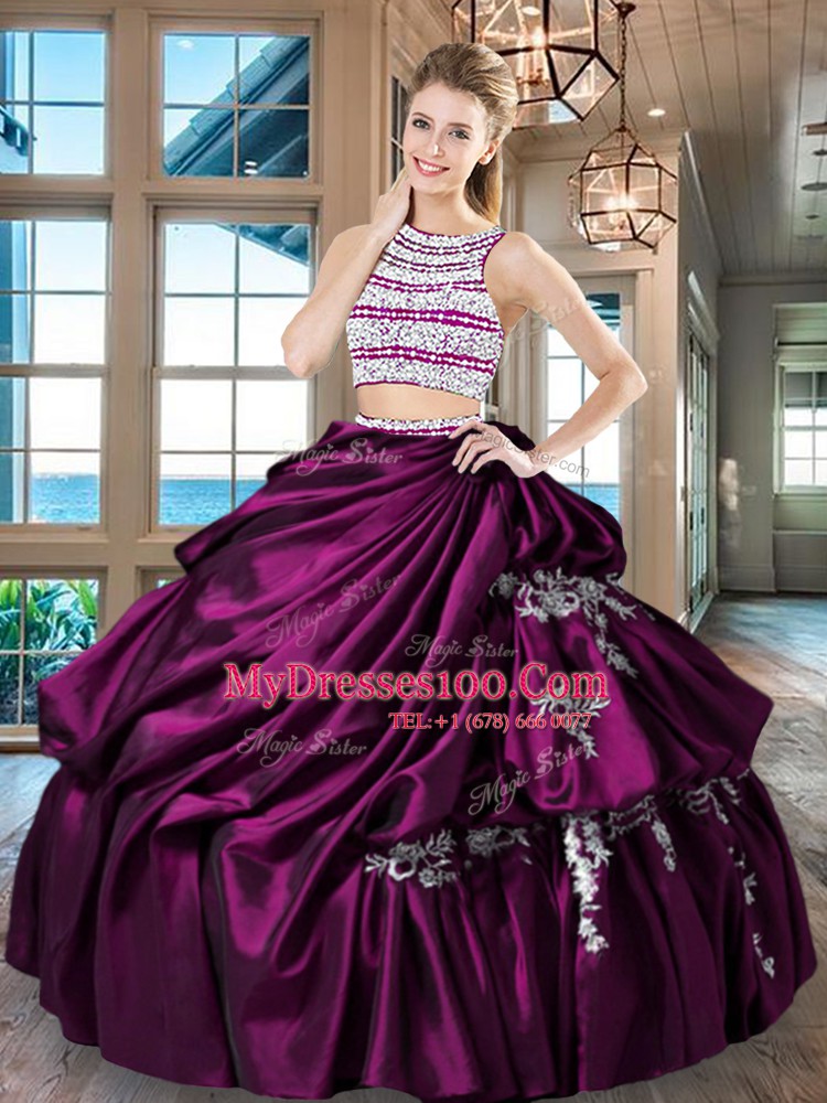 Fuchsia Backless Scoop Beading and Appliques and Pick Ups Quinceanera Dresses Taffeta Sleeveless