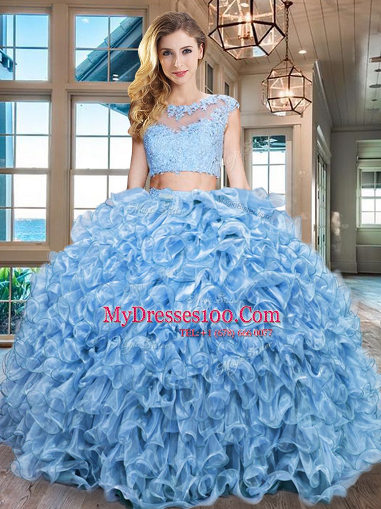Scoop Baby Blue Zipper Quinceanera Gowns Beading and Appliques and Ruffles Cap Sleeves Floor Length