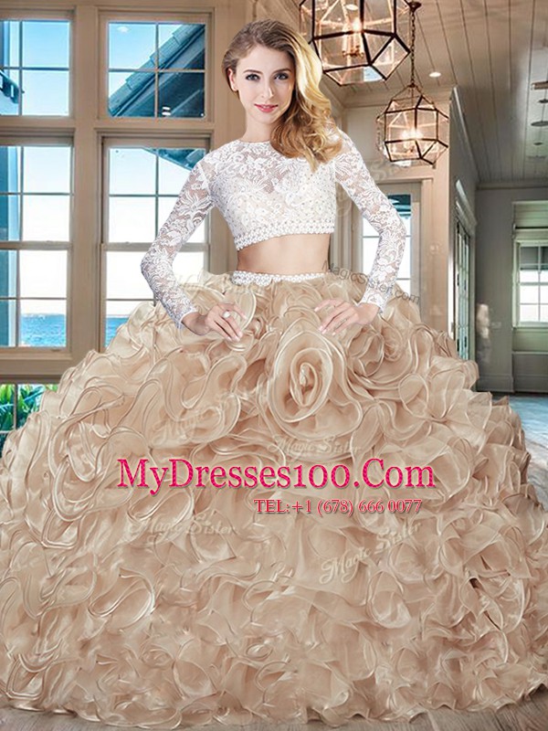 Champagne Scoop Zipper Beading and Lace and Ruffles Sweet 16 Dresses Brush Train Long Sleeves