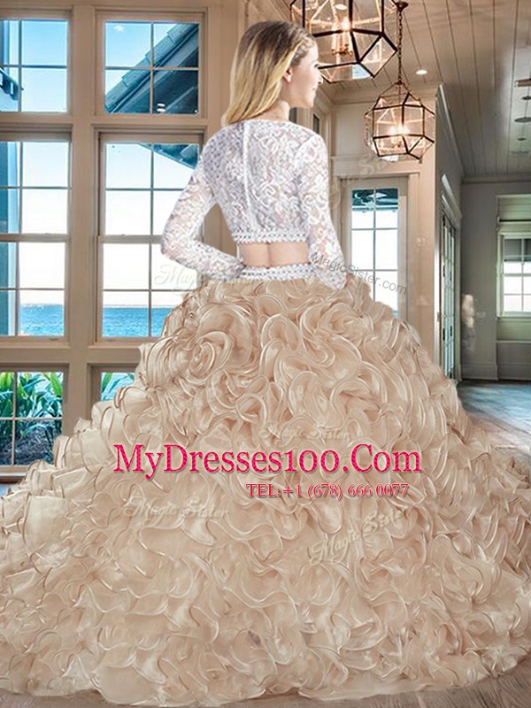 Champagne Scoop Zipper Beading and Lace and Ruffles Sweet 16 Dresses Brush Train Long Sleeves