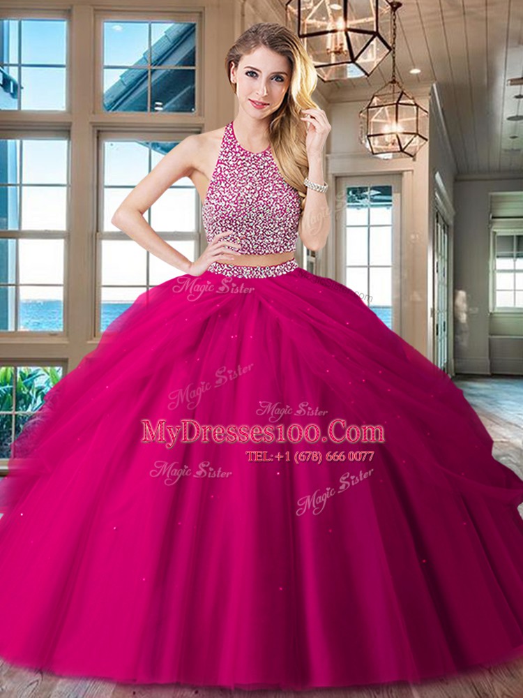 Elegant Halter Top Sleeveless Backless Floor Length Beading and Pick Ups Quinceanera Dresses