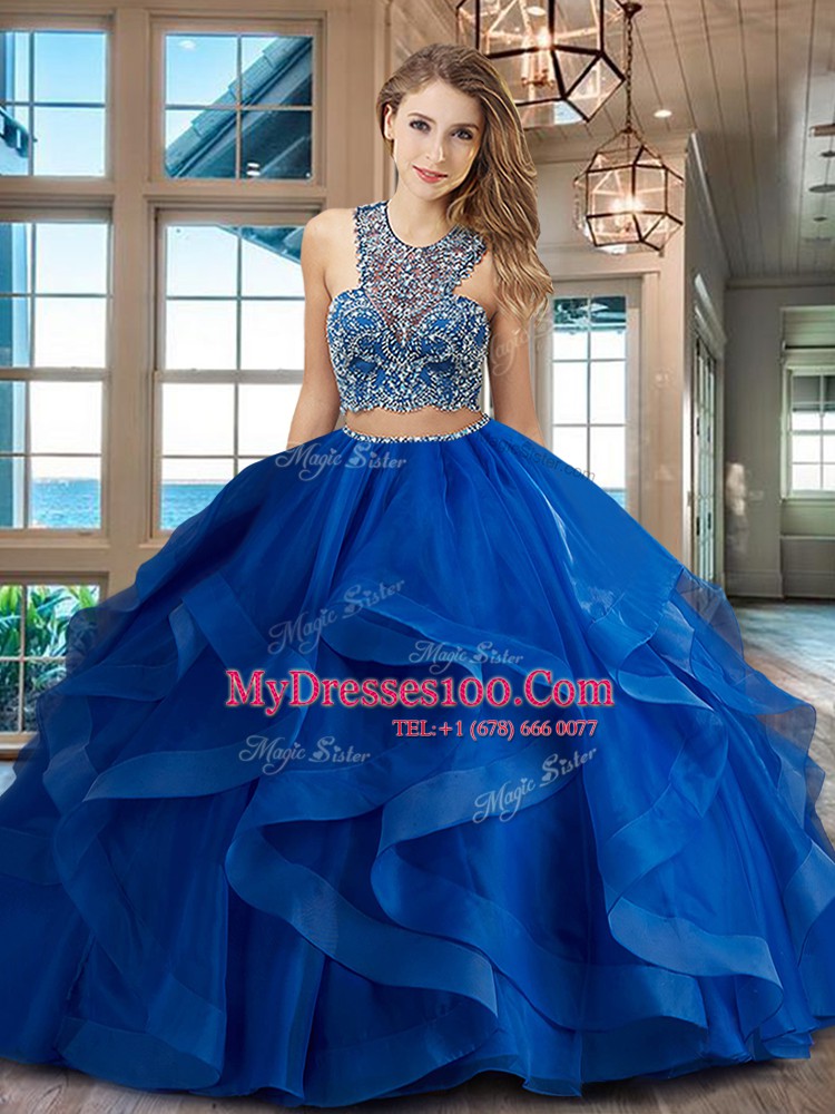 Chic Scoop Fuchsia Tulle Criss Cross 15th Birthday Dress Sleeveless With Brush Train Beading and Ruffles
