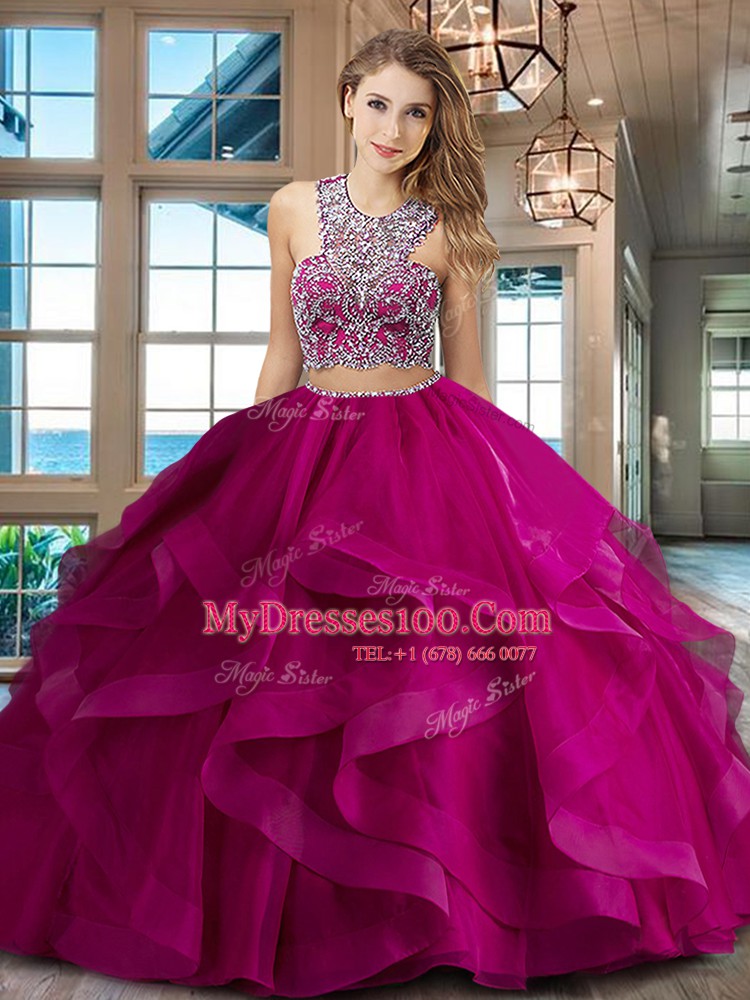 Chic Scoop Fuchsia Tulle Criss Cross 15th Birthday Dress Sleeveless With Brush Train Beading and Ruffles