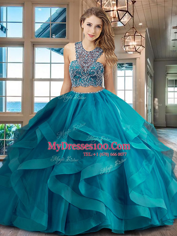 Chic Scoop Fuchsia Tulle Criss Cross 15th Birthday Dress Sleeveless With Brush Train Beading and Ruffles