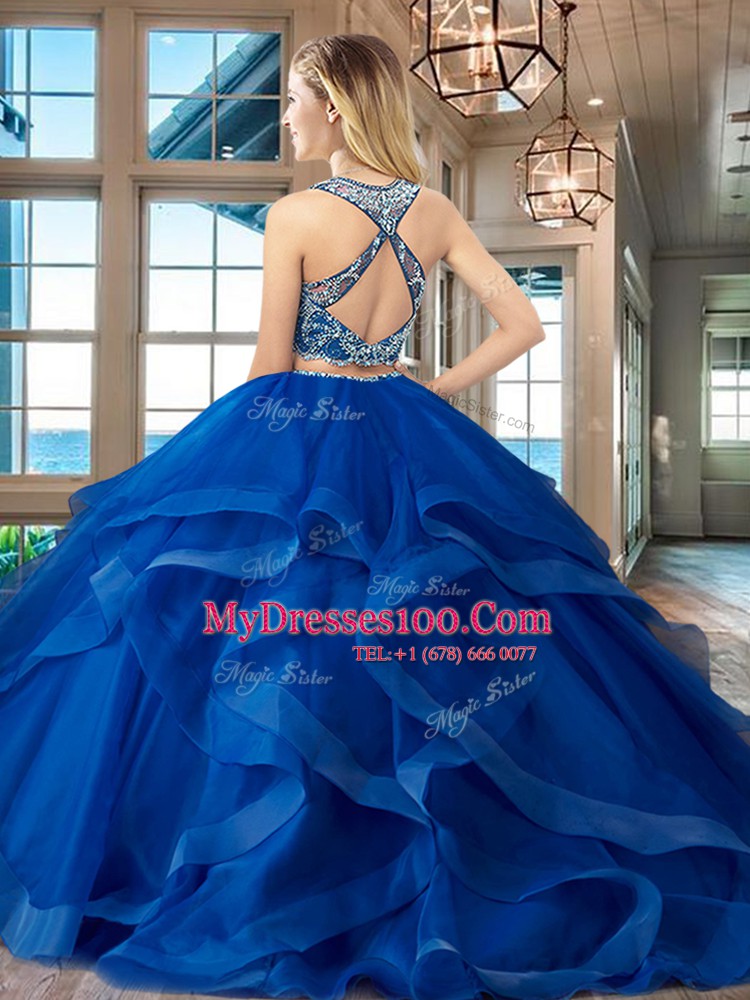 Chic Scoop Fuchsia Tulle Criss Cross 15th Birthday Dress Sleeveless With Brush Train Beading and Ruffles