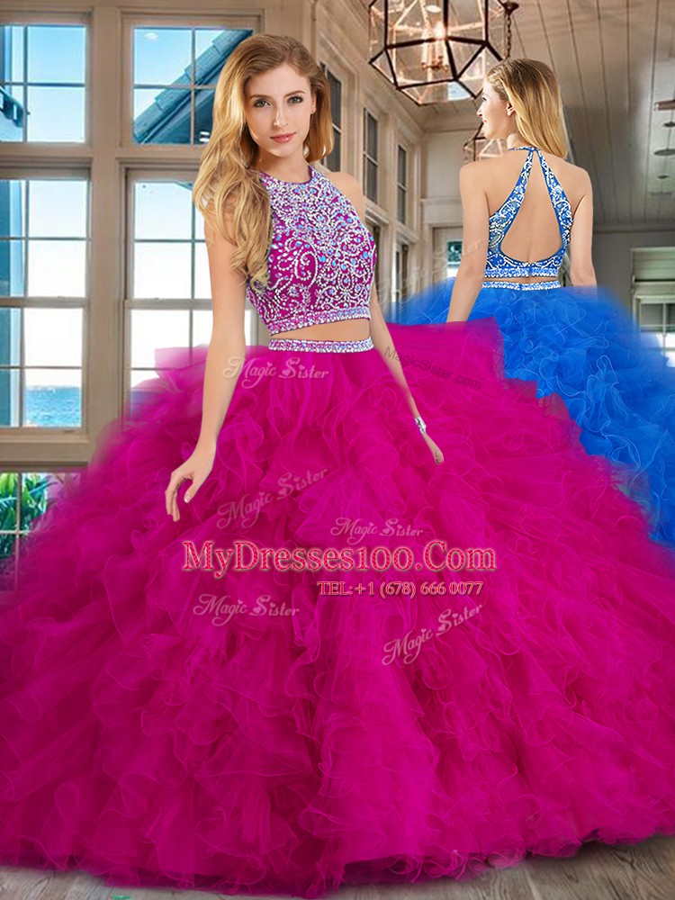 Captivating Scoop Sleeveless Tulle Floor Length Backless Vestidos de Quinceanera in Fuchsia with Beading and Ruffles