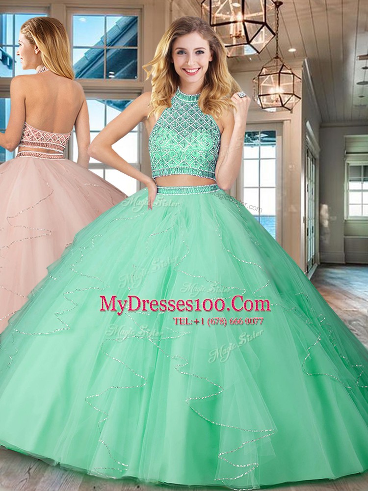 Fantastic Halter Top Beading and Ruffles Quinceanera Gown Apple Green Backless Sleeveless Floor Length