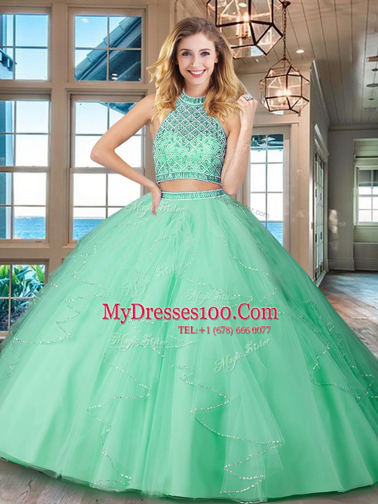 Fantastic Halter Top Beading and Ruffles Quinceanera Gown Apple Green Backless Sleeveless Floor Length