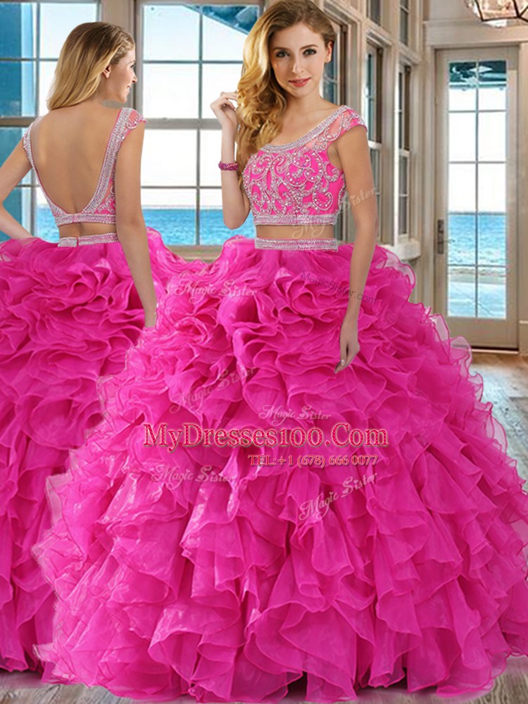 Floor Length Hot Pink 15 Quinceanera Dress Scoop Cap Sleeves Backless