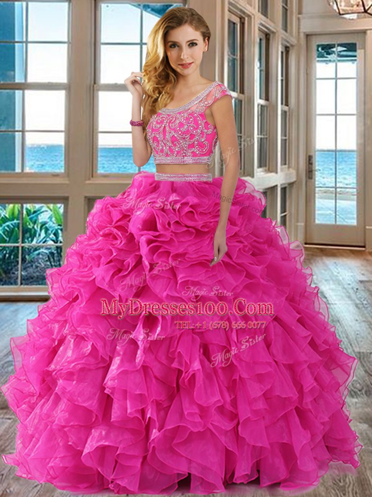 Floor Length Hot Pink 15 Quinceanera Dress Scoop Cap Sleeves Backless