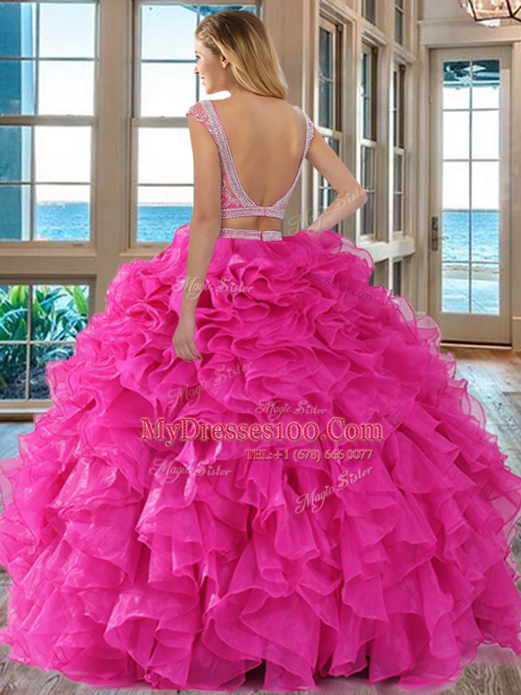 Floor Length Hot Pink 15 Quinceanera Dress Scoop Cap Sleeves Backless