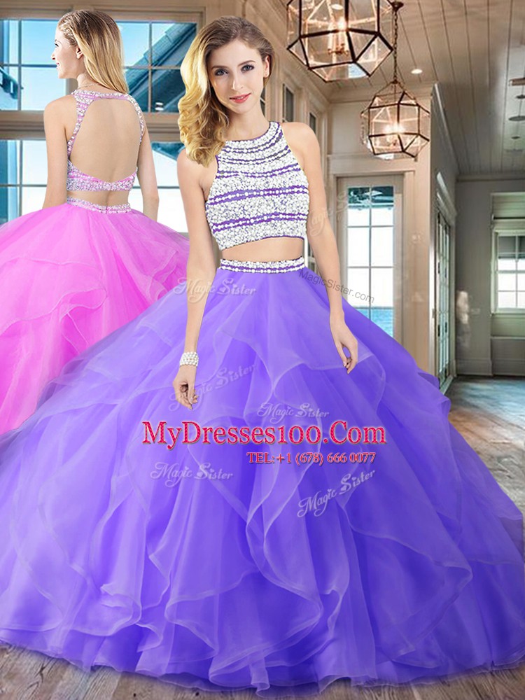Scoop With Train Backless Ball Gown Prom Dress Lavender for Military Ball and Sweet 16 and Quinceanera with Beading and Ruffles Brush Train