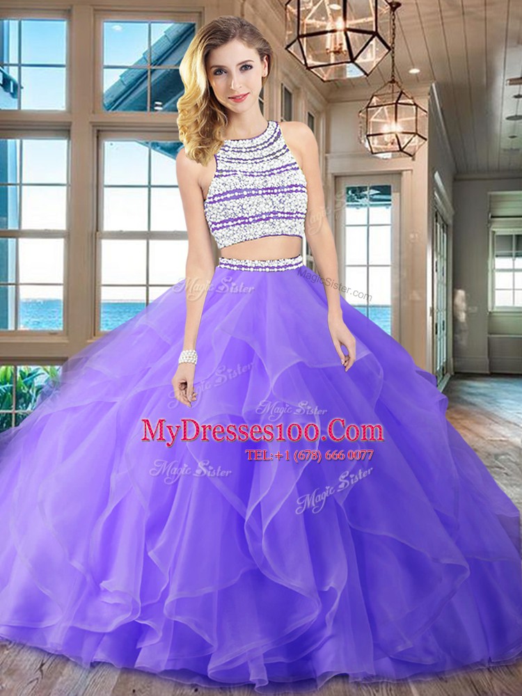 Scoop With Train Backless Ball Gown Prom Dress Lavender for Military Ball and Sweet 16 and Quinceanera with Beading and Ruffles Brush Train