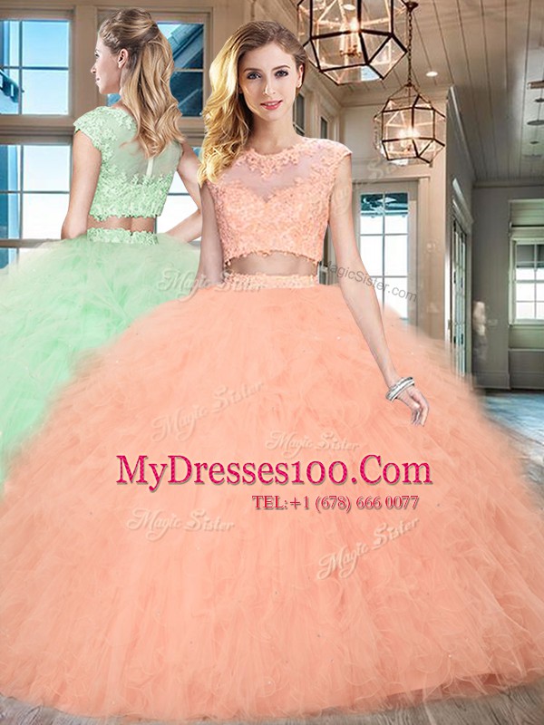 Beauteous Scoop Floor Length Two Pieces Cap Sleeves Peach Sweet 16 Quinceanera Dress Zipper