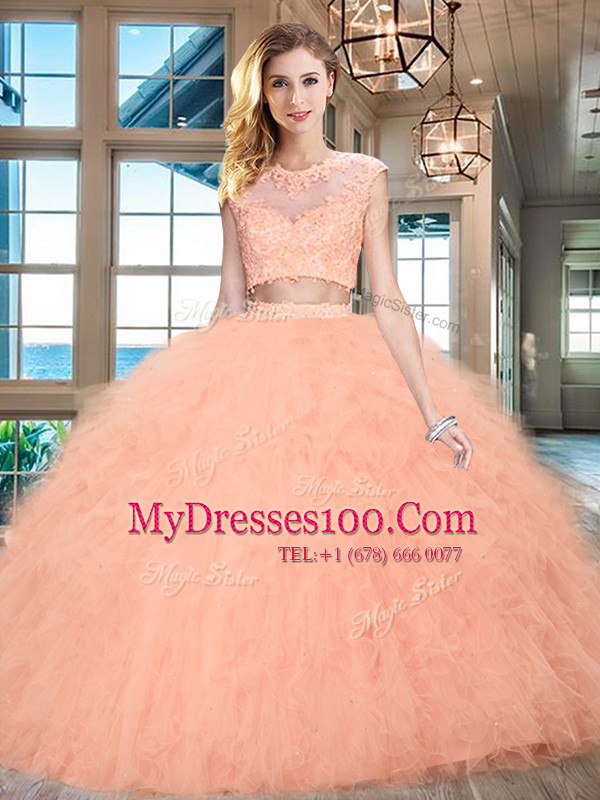 Beauteous Scoop Floor Length Two Pieces Cap Sleeves Peach Sweet 16 Quinceanera Dress Zipper