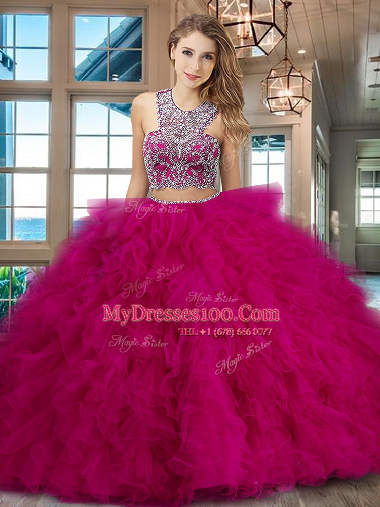 Custom Made Scoop Red Sleeveless With Train Beading and Ruffles Criss Cross Sweet 16 Dresses