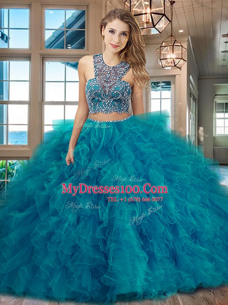 Custom Made Scoop Red Sleeveless With Train Beading and Ruffles Criss Cross Sweet 16 Dresses