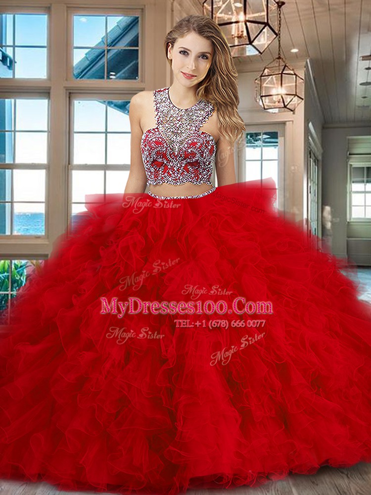 Custom Made Scoop Red Sleeveless With Train Beading and Ruffles Criss Cross Sweet 16 Dresses