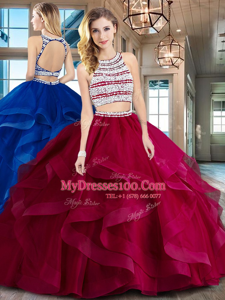 Romantic Brush Train Two Pieces Vestidos de Quinceanera Wine Red Scoop Tulle Sleeveless With Train Backless