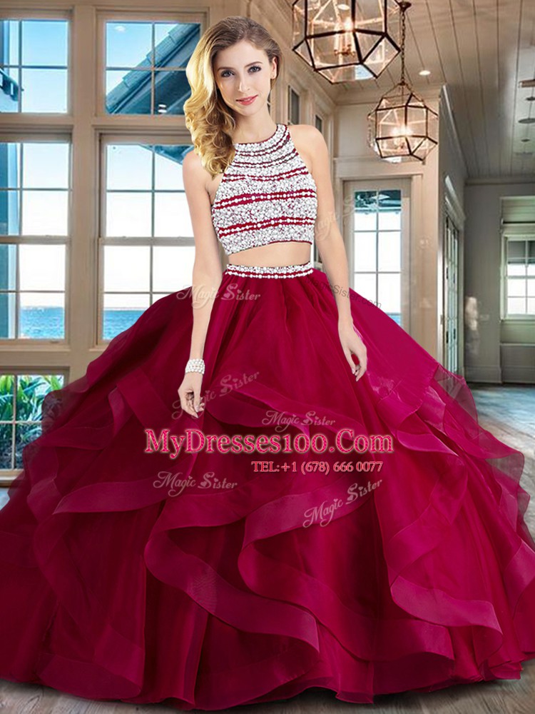 Romantic Brush Train Two Pieces Vestidos de Quinceanera Wine Red Scoop Tulle Sleeveless With Train Backless