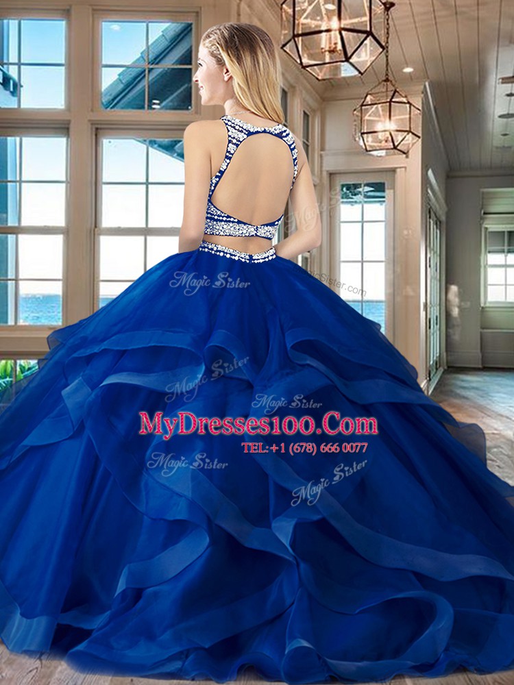 Romantic Brush Train Two Pieces Vestidos de Quinceanera Wine Red Scoop Tulle Sleeveless With Train Backless