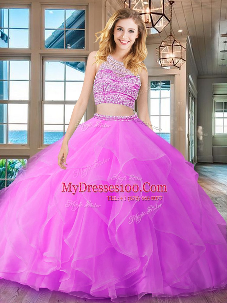 Fancy Fuchsia Two Pieces Scoop Sleeveless Organza With Brush Train Backless Beading and Ruffles 15th Birthday Dress